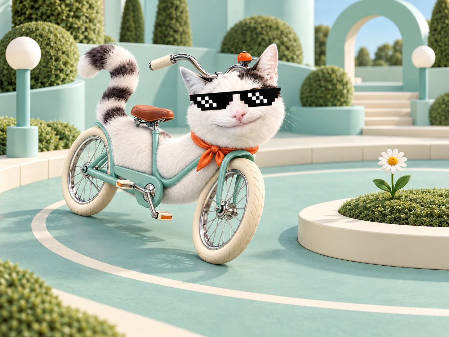 Bikeluga circles a tiny roundabout with one daisy.