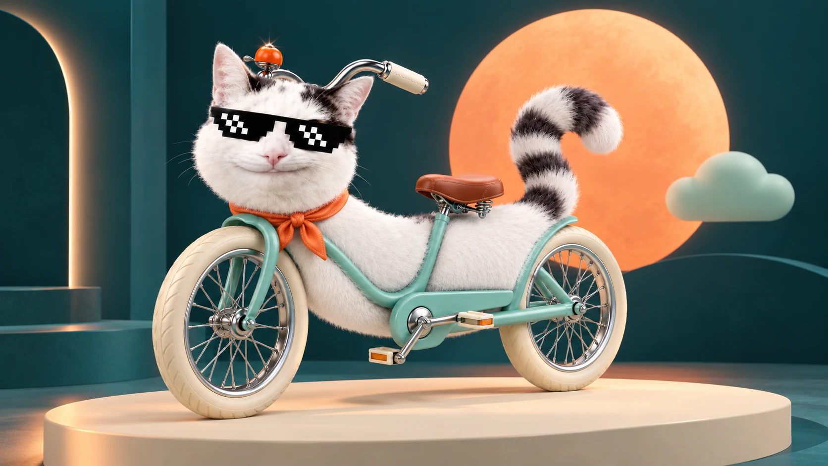 Bikeluga rests beneath an orange moon in a dark teal miniature landscape.
